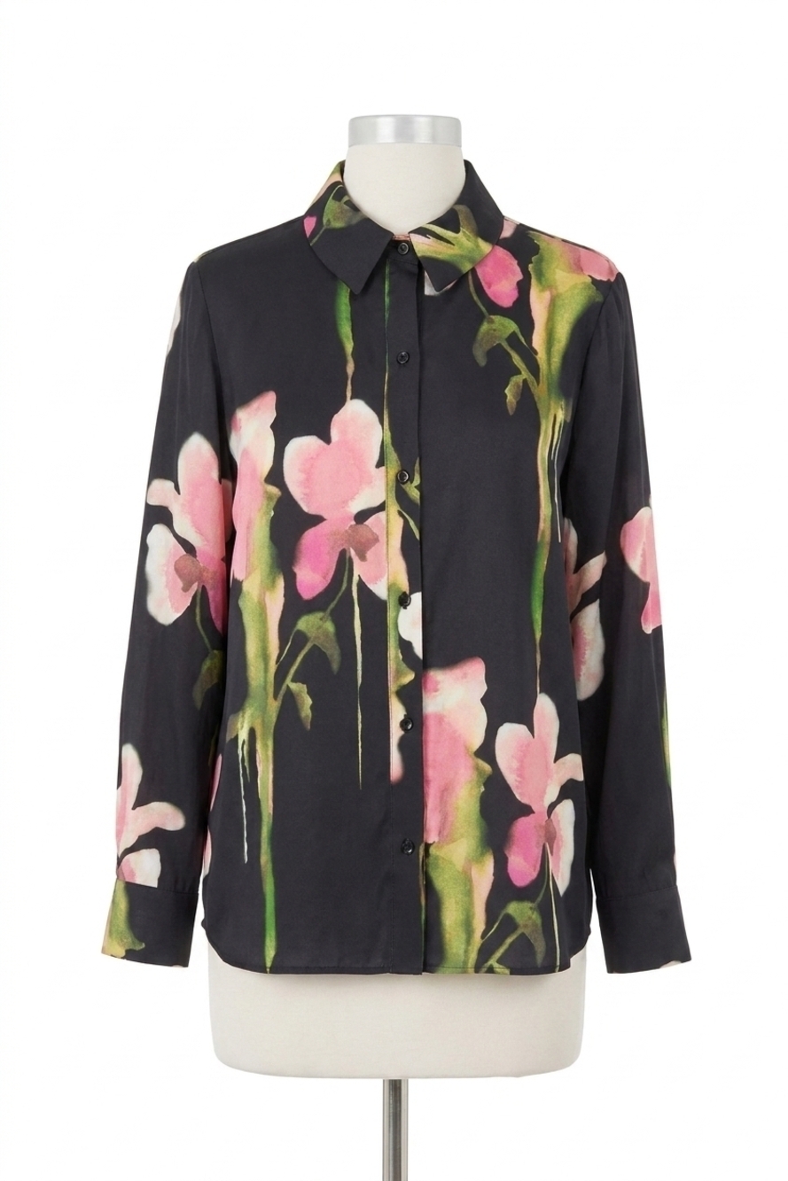 NEW STINE GOYA melting flowers print button front shirt in black